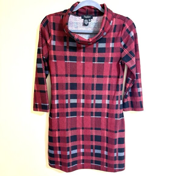 PAPILLON Sweater Dress Womens Small Red/Black Plaid 3/4 Sleeve Pockets High Neck - Picture 1 of 11